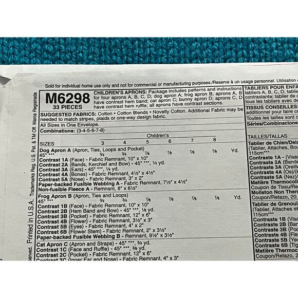 McCalls 6298 Sewing pattern Kids apron animal bunny dop frog cat - Picture 4 of 7